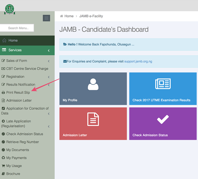 steps on how to print original jamb result