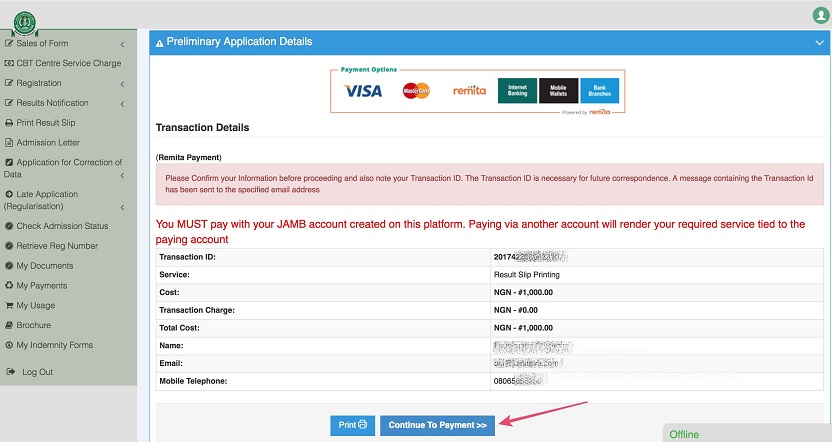 Step 2 - continue to payment to print jamb original result