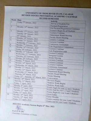 Unical revised academic calendar