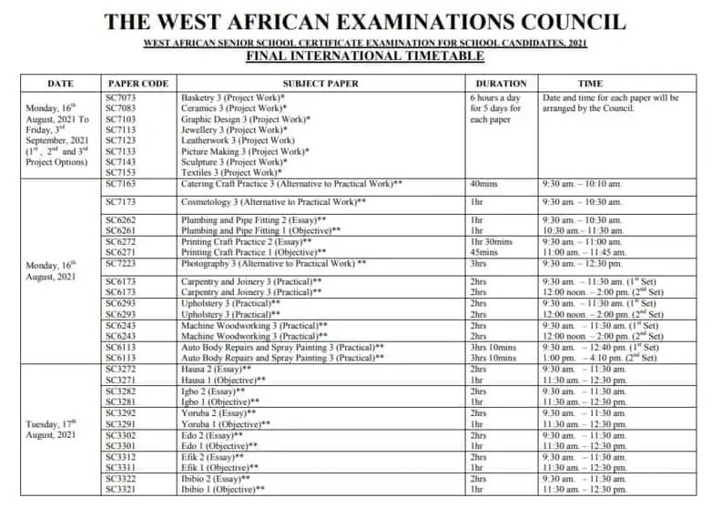 waec timetable 2021 image