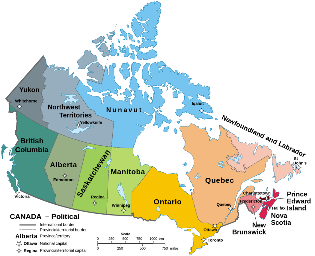 The political map of Canadian Provinces and Territories