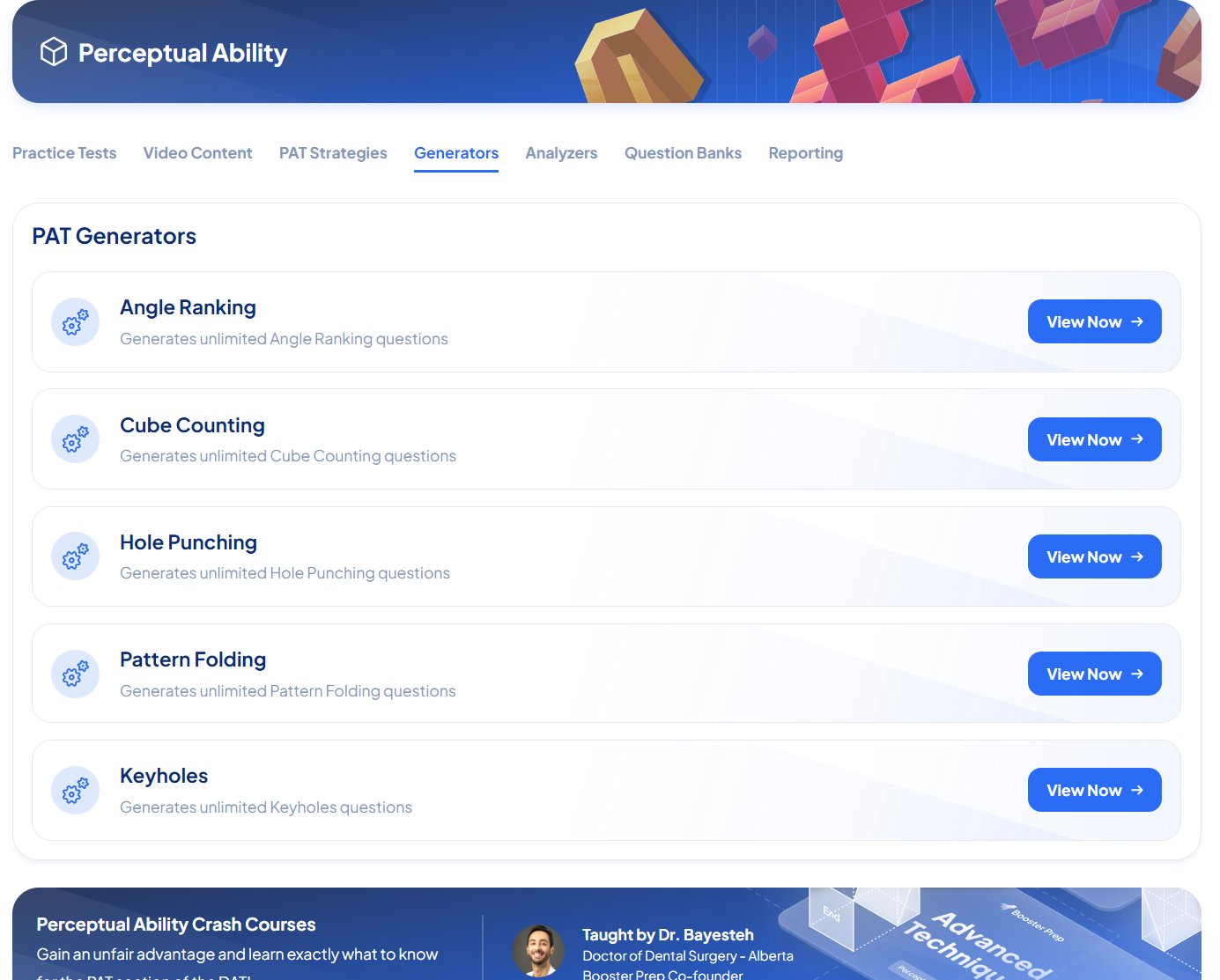 DAT Booster perceptual ability generators for angle ranking, cube counting, hole punching, pattern folding and keyholes
