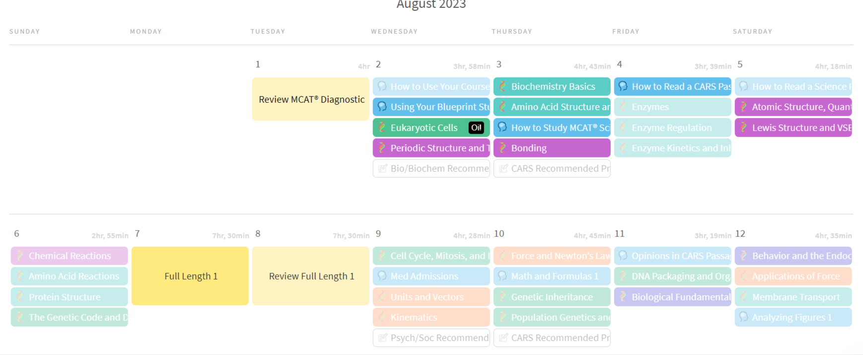Blueprint MCAT personalized study planner calendar with full-length exams scheduled