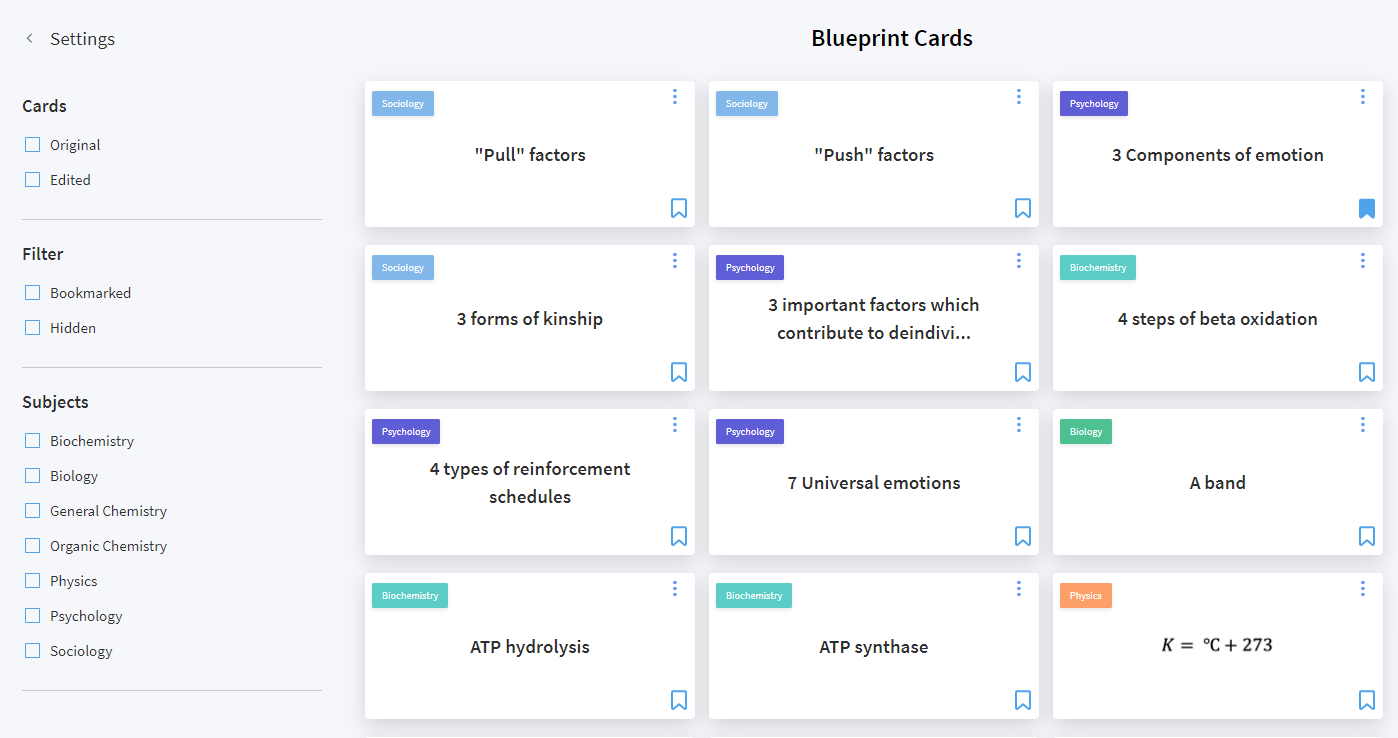 Blueprint MCAT flashcards (Blueprint Cards) sorted by subject