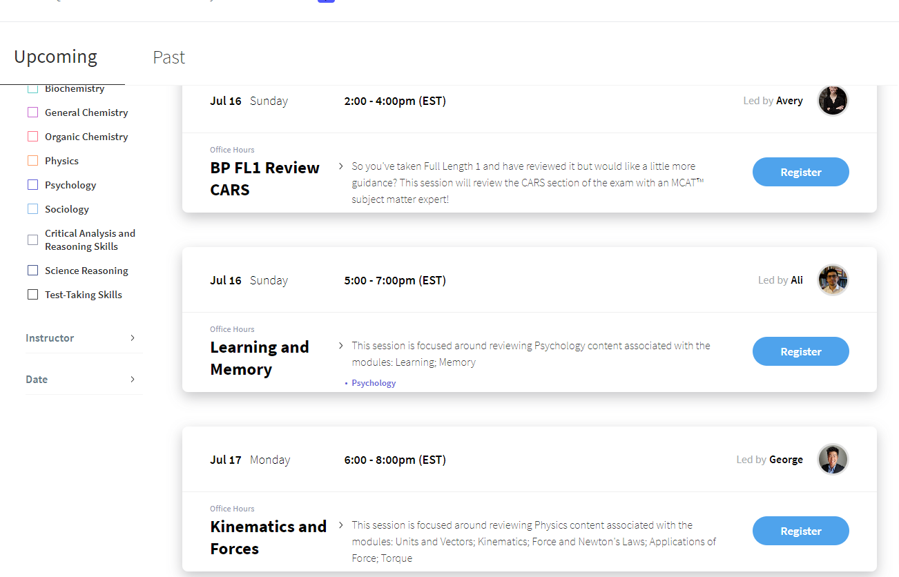 Blueprint MCAT live online class schedule