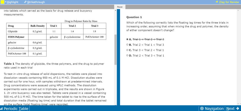 Blueprint MCAT full-length practice test interface with a passage and question