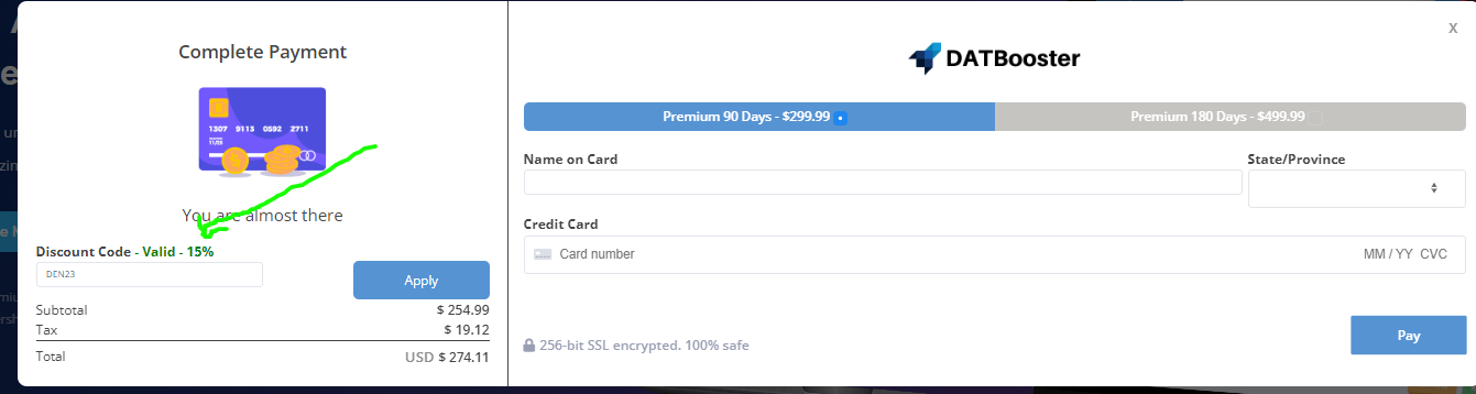 DAT Booster checkout page showing where to enter a discount code