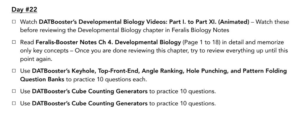 DAT Booster daily study plan with videos, notes and PAT generator practice