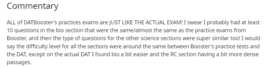 Student commentary comparing DAT Booster practice exams with the real DAT