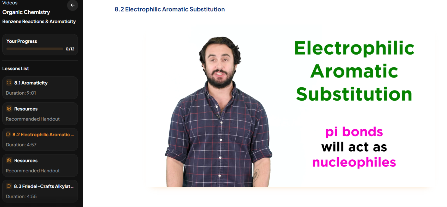 DAT Booster organic chemistry video lesson on electrophilic aromatic substitution
