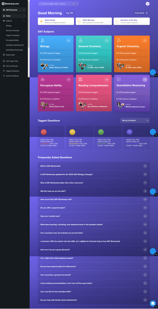 DAT Bootcamp dashboard with subject modules and study progress