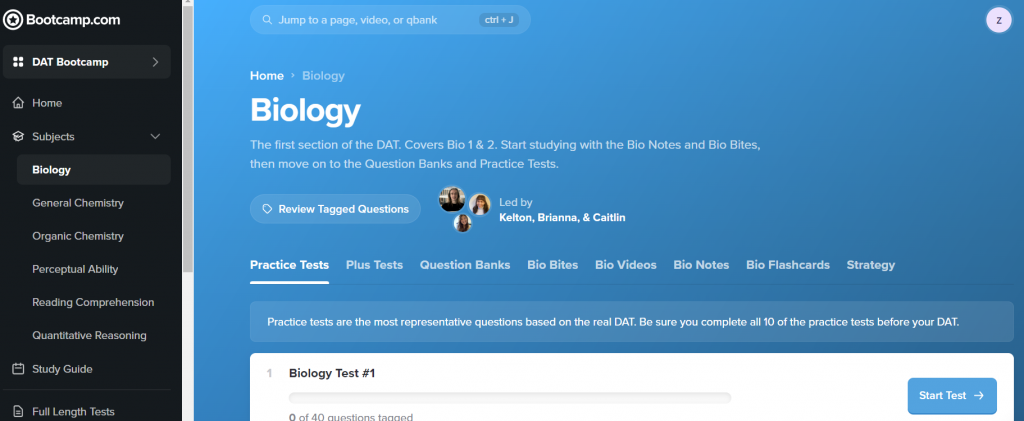 DAT Bootcamp biology dashboard with practice tests, question banks and videos