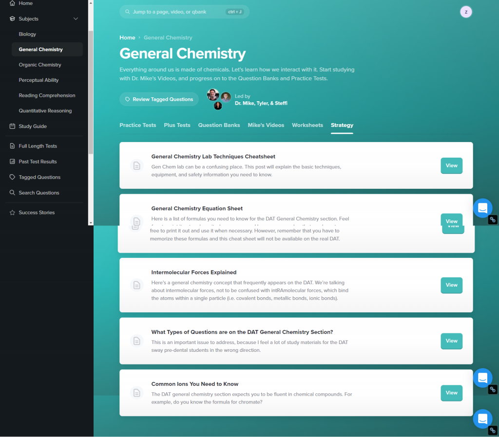 DAT Bootcamp General Chemistry module with practice tests and question banks