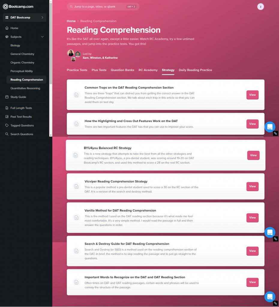 DAT Bootcamp reading comprehension module with practice tests and strategy videos
