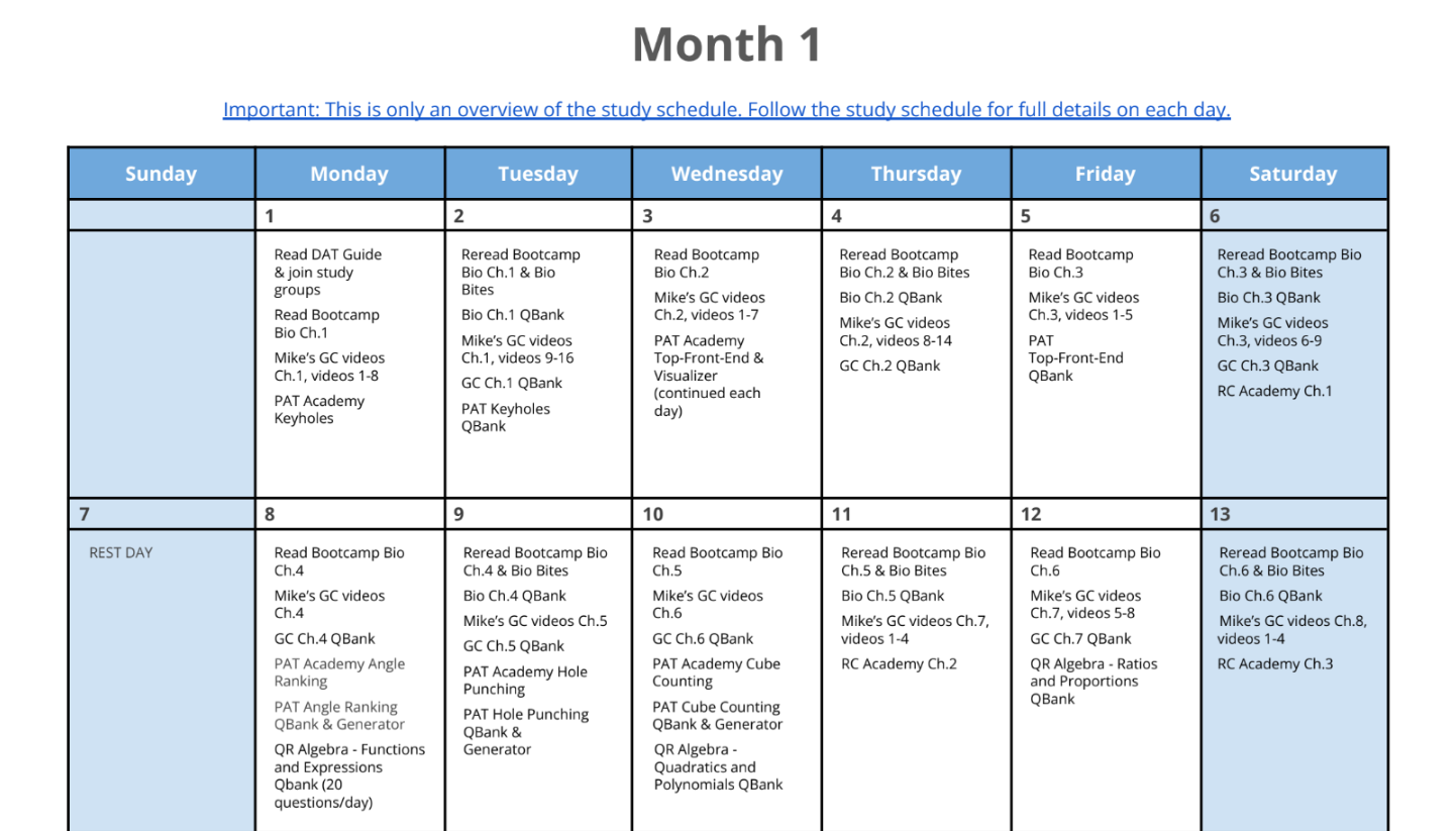 DAT Bootcamp Month 1 study schedule calendar with daily tasks