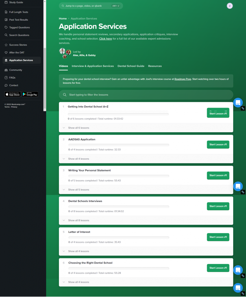 DAT Bootcamp application services page