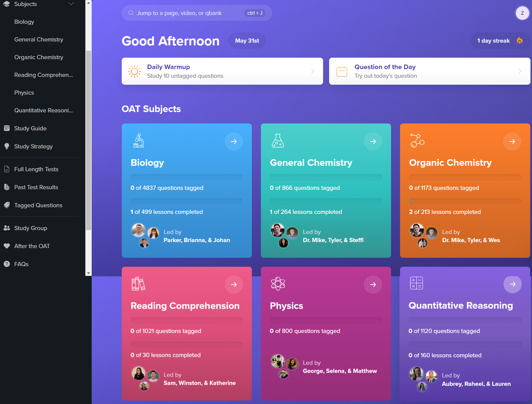 DAT Bootcamp dashboard with Biology, Chemistry, Reading Comprehension and QR modules
