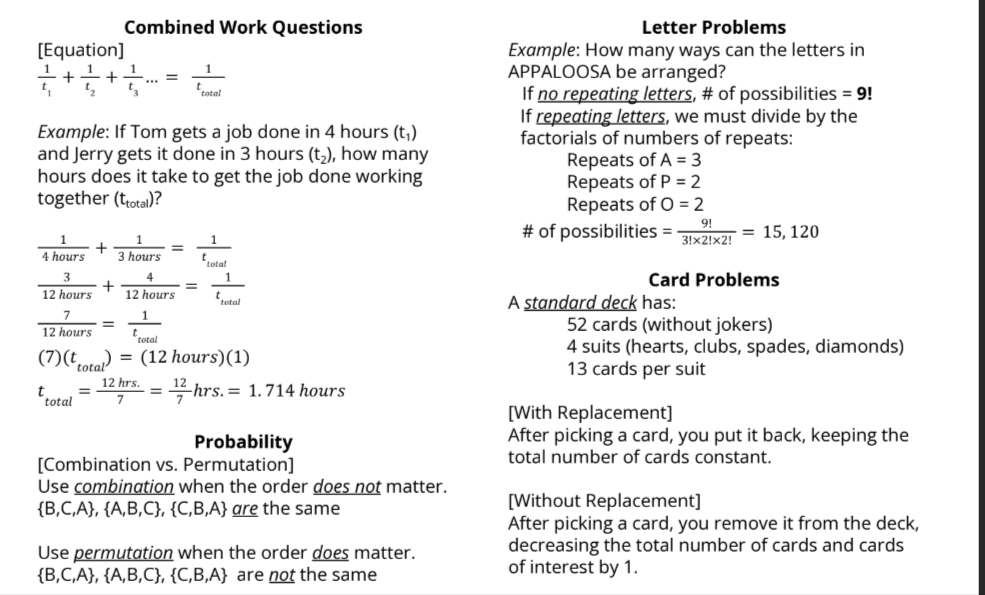 DAT Quantitative Reasoning formula notes for combined work, probability and counting problems