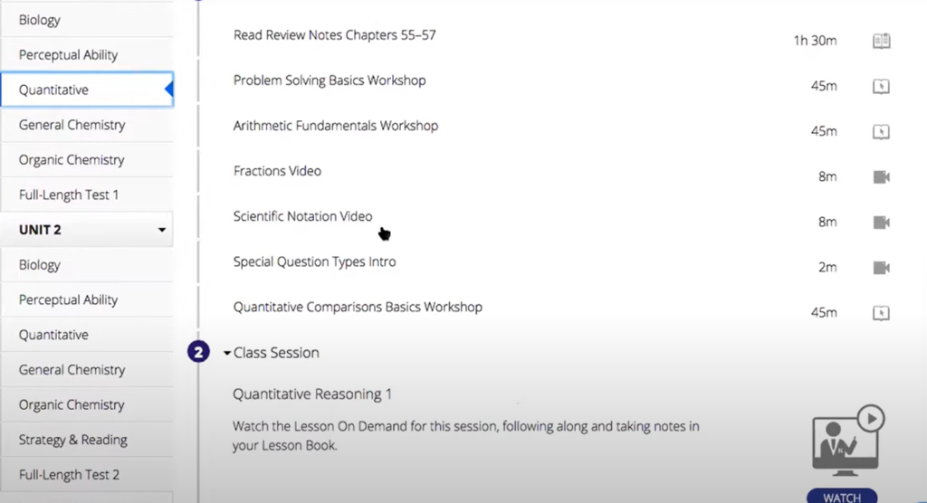 Kaplan DAT course lesson list for Quantitative Reasoning