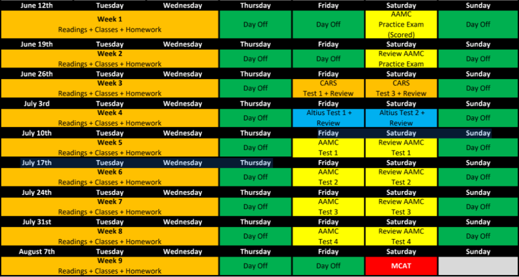 Prep101 MCAT weekly study schedule calendar