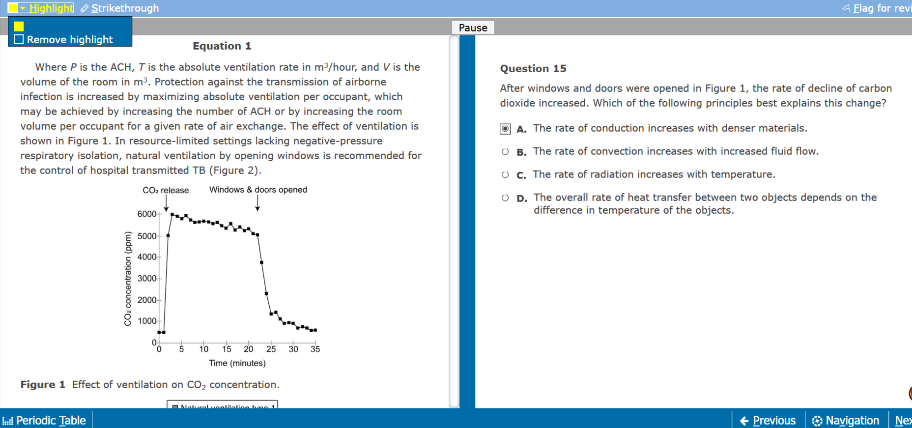 Prep101 MCAT practice exam interface with a passage and data-based question