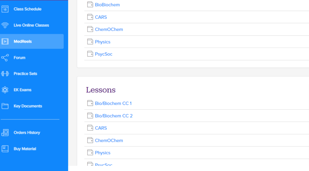 Prep101 MCAT student dashboard with lessons by subject