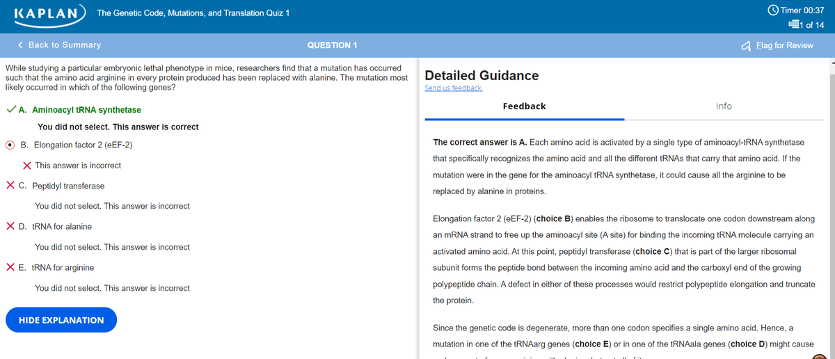 Kaplan Step 1 quiz question on genetic code mutations with detailed guidance