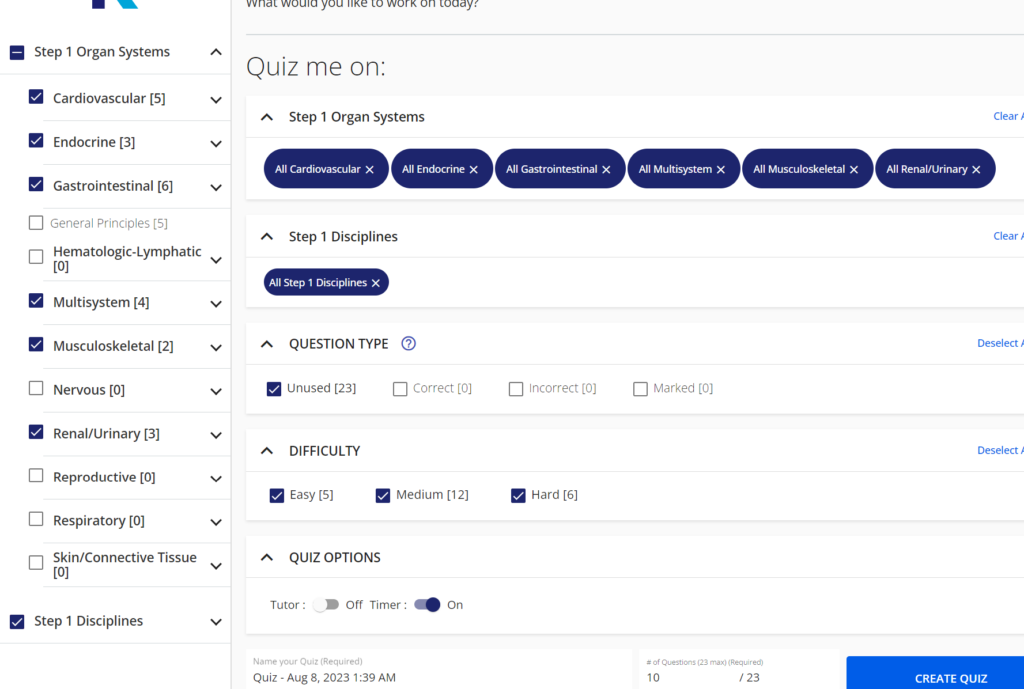 Kaplan quiz builder with organ systems, disciplines, question type and difficulty filters