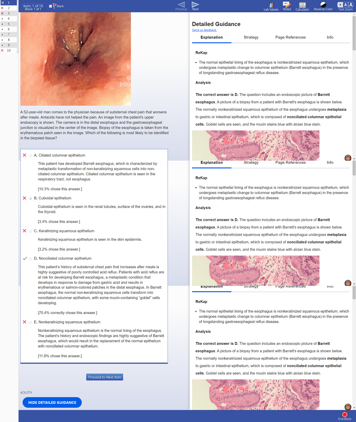 Question explanation with histology images alongside the reasoning for each option