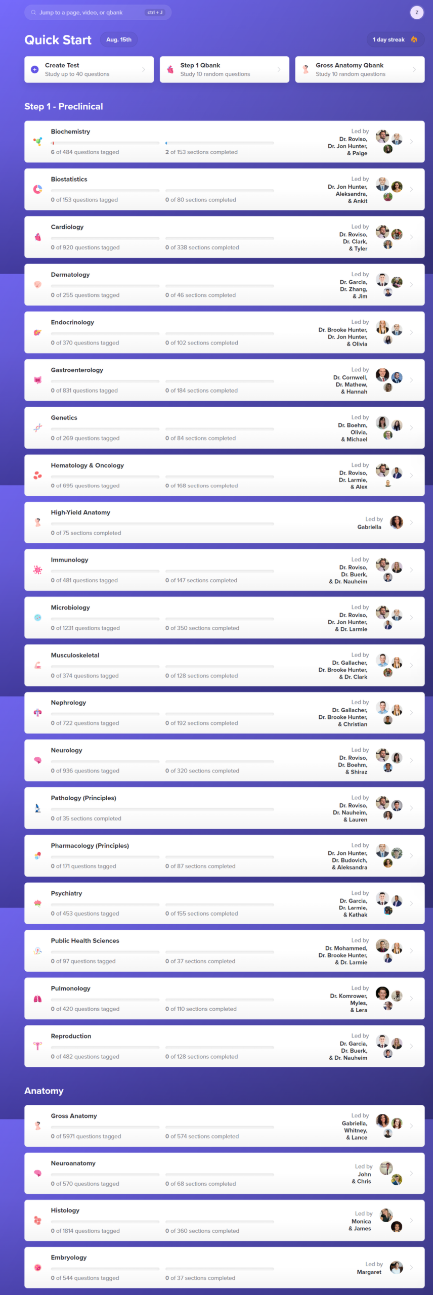 Med School Bootcamp subject list with lesson progress across the Step 1 curriculum