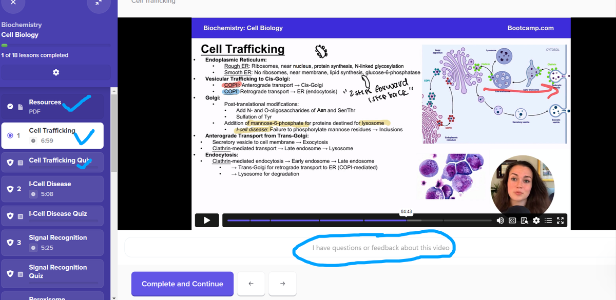 Cell biology video on cell trafficking with annotated slides and the lesson list