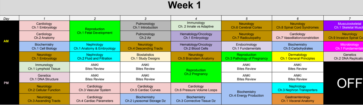 Week one of a Bootcamp study schedule colour-coded by subject across morning and afternoon blocks