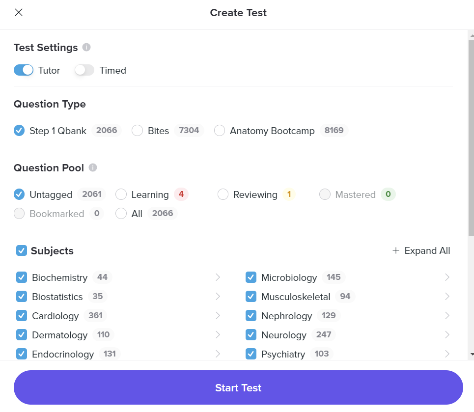 Create-test panel with question pool, tagging state and subject counts